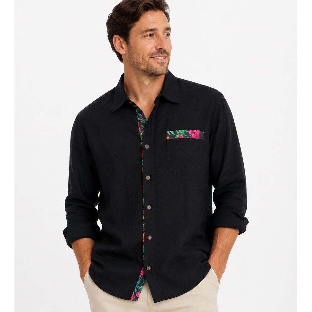 Ador Mens XL Black Cotton Linen Tropical Trim Long Sleeve Button Down Shirt NWT